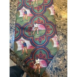 Resilio Mens Golf Theme Silk Necktie‎ Green Paisley Golfers Pattern